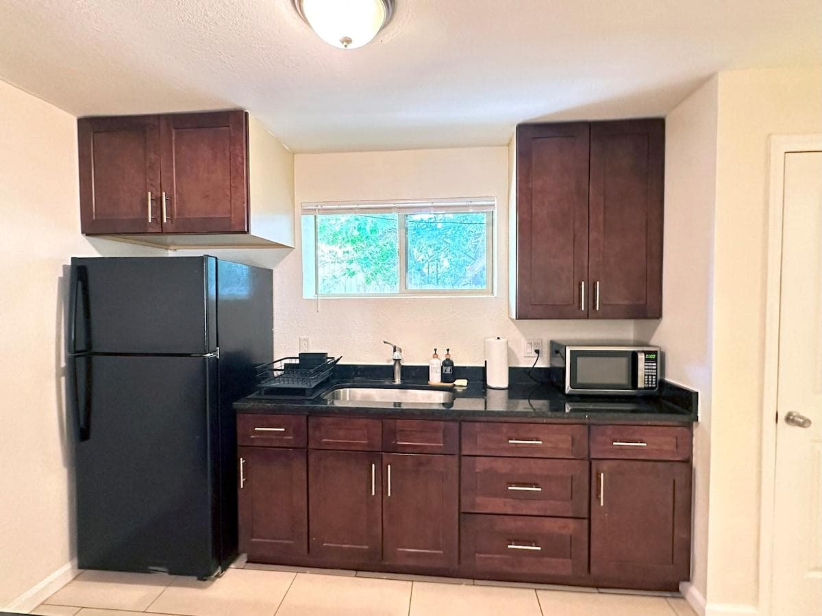 Refrigerator, freezer, microwave, dish rack, dish soap and hand soap